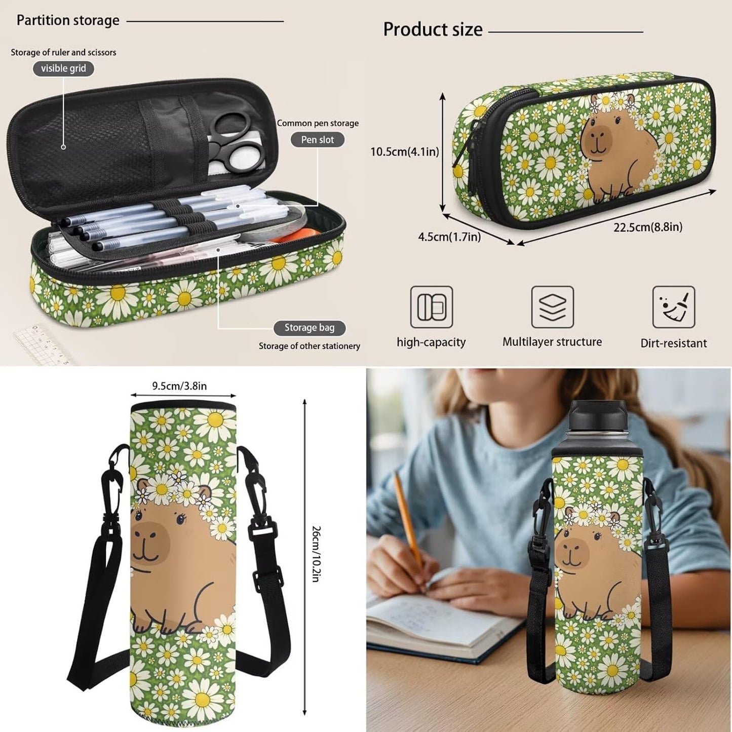 Cute Capybara Pizza Backpack for Girls, 5 Pcs Boys School Bag Set for Kids, 17 Inch Backpacks Lunch Pencil Box Reusable Utensils Case Set for Middle Elementary School, 3rd Grade Backpack