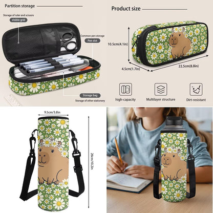 Cute Capybara Pizza Backpack for Girls, 5 Pcs Boys School Bag Set for Kids, 17 Inch Backpacks Lunch Pencil Box Reusable Utensils Case Set for Middle Elementary School, 3rd Grade Backpack