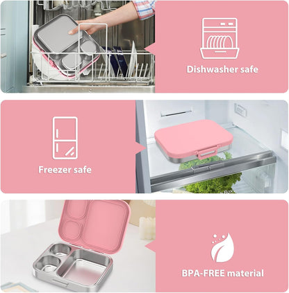 Pawtong Stainless Steel Bento Lunch Box for Kids | 3-Compartment Lunch Box Container Kids | 100% Leakproof, Eco-Friendly, Perfect Portion Control for Kids&Adult Healthy Meals (Purple)