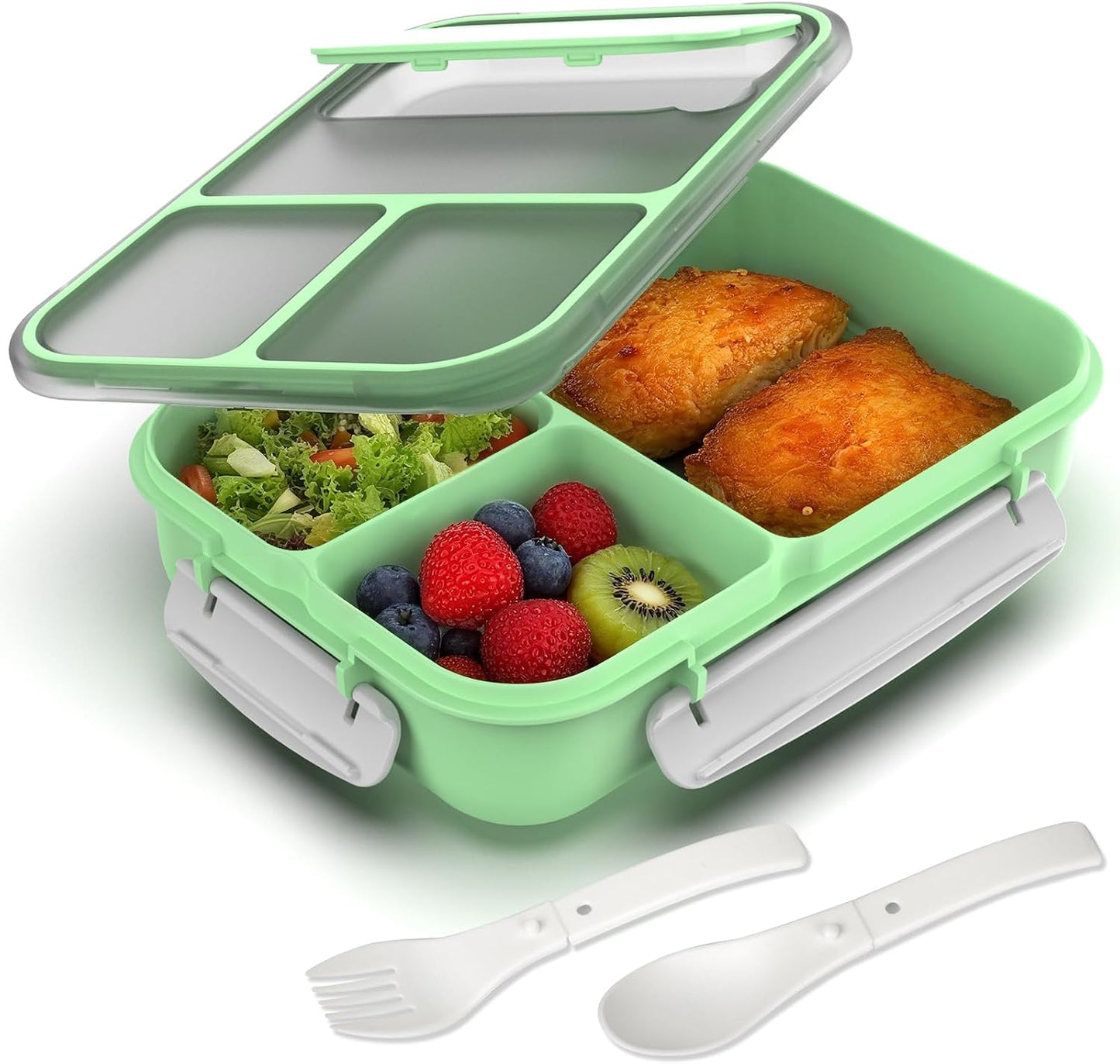 WHALEHOUSE Bento Lunch Box, 1300ML 4 Compartments Meal Prep Container with Utensil, Airtight Food Storage Container with Snap Locking Lids, Microwave/Dishwasher/Freezer Safe, On the Go