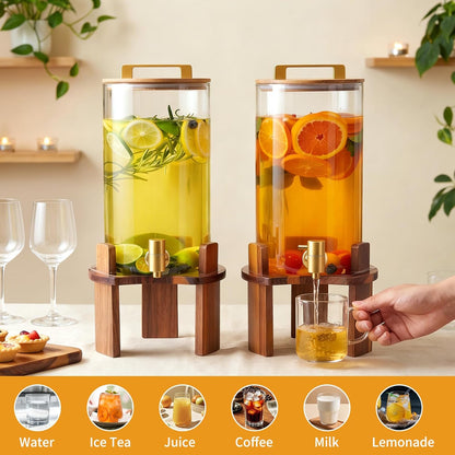 2 PCS 1.5 Gallon Glass Drink Dispenser, Beverage Dispenser With Wood Stand, Lid and Stainless Steel Spigot, Large Water Dispenser for Parties, Perfect for Lemonade, Juice, Tea and Daily Drinks