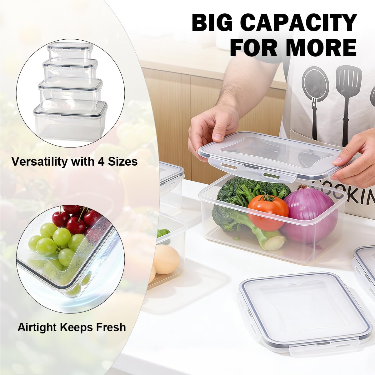 4 Pcs Food Storage Containers with Lids Airtight, 4 Sizes Sets(74oz+40.5oz+20oz+10oz), Plastic Meal Prep Containers, Dishwasher & Microwave & Refrigerator Safe, for Meal Prep & Freezer, Rectangular
