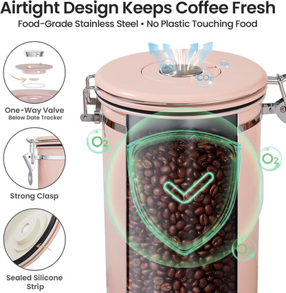 Veken Coffee Canister with Window, Family Choice Awards Winner, Airtight Stainless Steel Home Kitchen Food Storage Container with Lids for Grounds, Beans, Tea, Flour,Cereal,Sugar Jars,Scoop,16OZ,Black