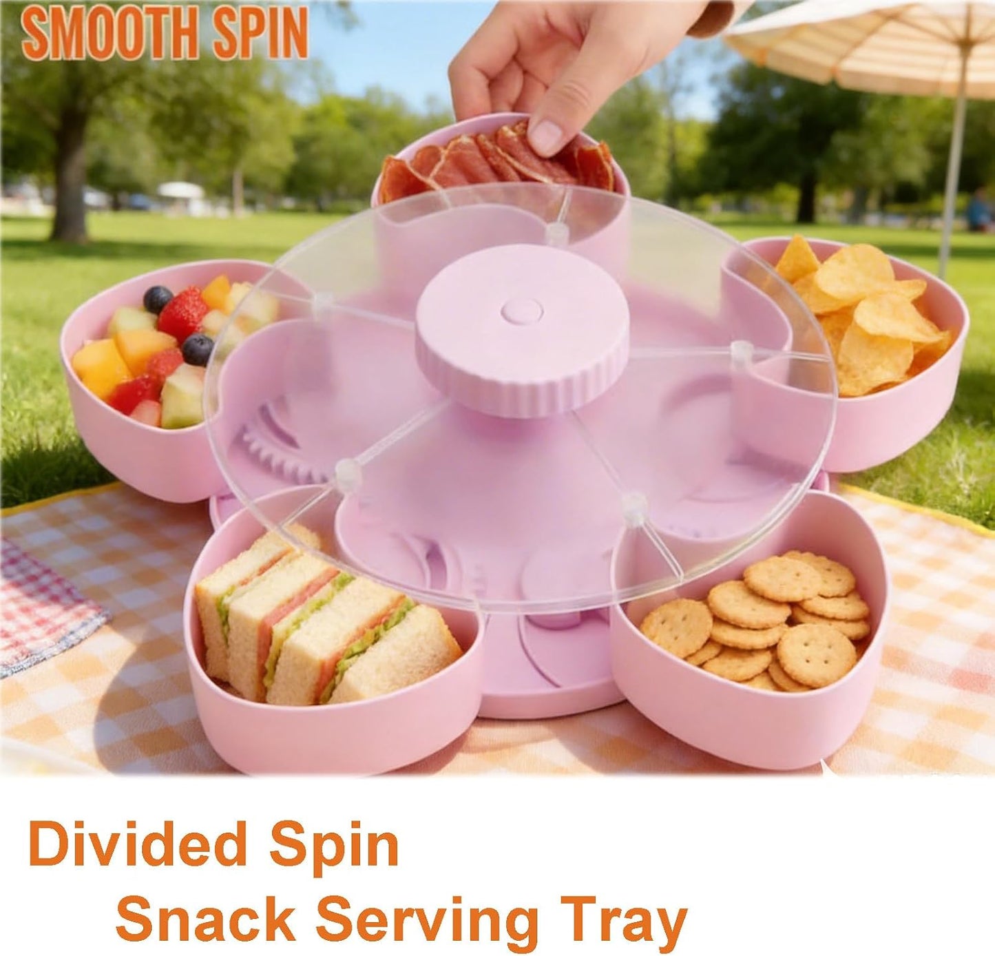 Divided Spin and Snack Serving Tray with Lids Spinning Compartment Platter for Dips Veggies Fruits Space-Saving Kitchen Organizer for Parties Picnics Travel (Pink)