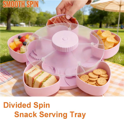 Divided Spin and Snack Serving Tray with Lids Spinning Compartment Platter for Dips Veggies Fruits Space-Saving Kitchen Organizer for Parties Picnics Travel (Pink)