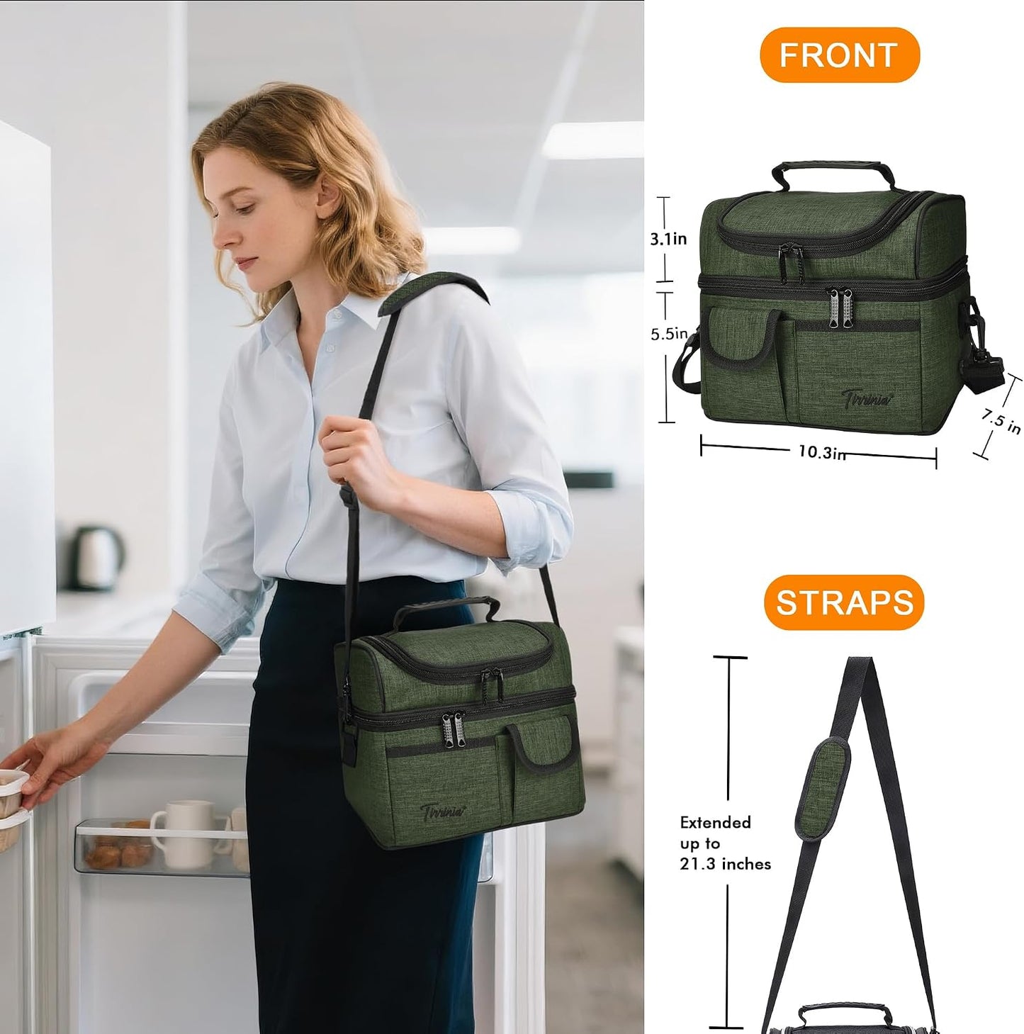 Tirrinia Reusable Lunch Box for Men Women, Insulated Lunch Bag Adult Work, Double Decker Leakproof Lunchbox for Office Picnic Beach—Dual Compartment Lunch Cooler Bag