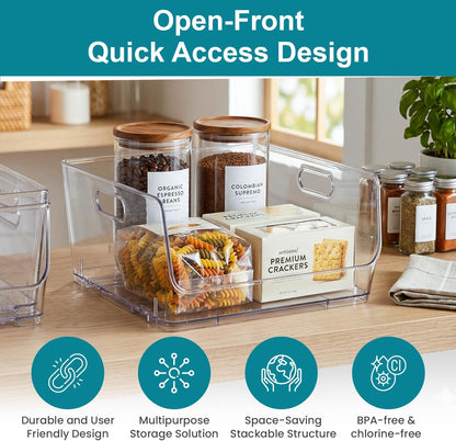 Basicwise 9-Inch Open-Front Clear Storage Bin with Easy-Grip Handle Stackable Transparent Plastic Organizer Container for Pantry Cabinet Refrigerator Drawers Closets and Shelf Organization, Medium