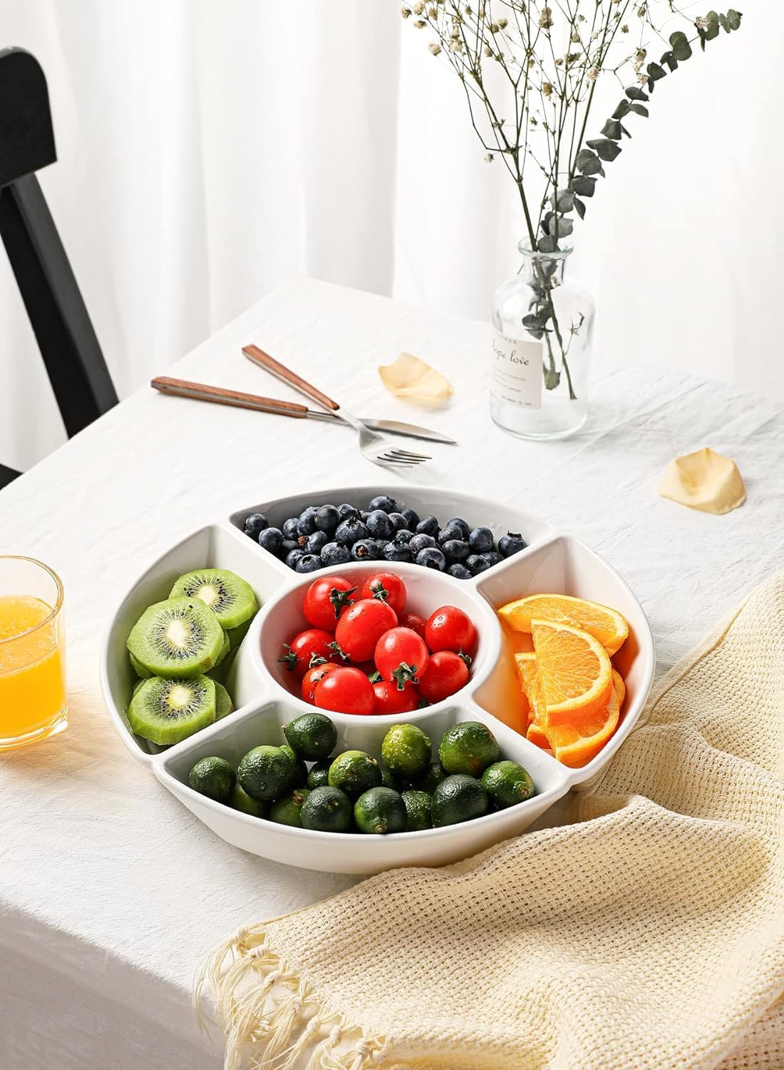 Ceramic Chip and Dip Serving Tray,Porcelain Divided Serving Platter, Perfect for Chips and Dip, Veggies, Candy and Snacks (12Inch)