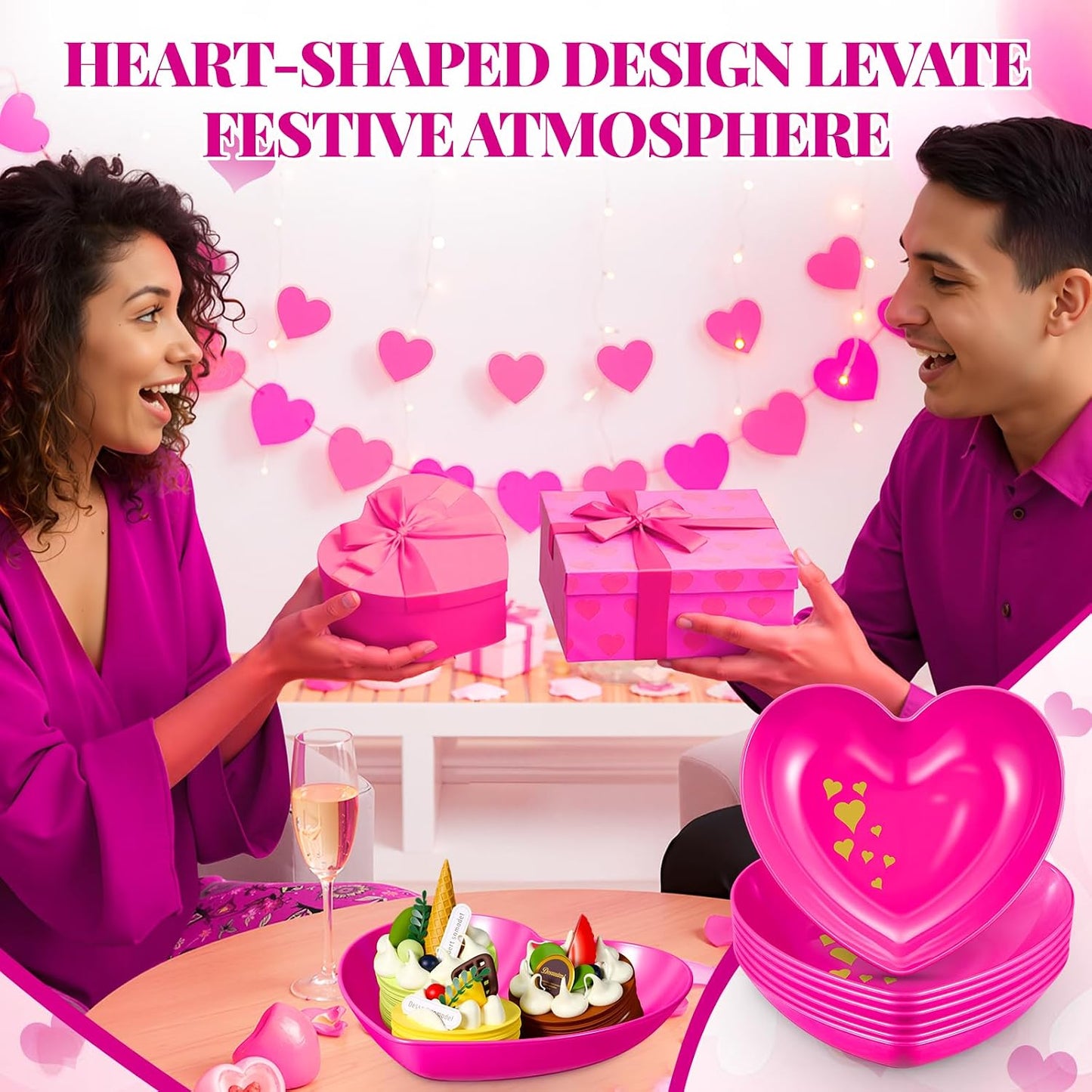 Reallnaive 6 Pcs 8.7 Inch Valentines Day Heart Shaped Plates Dessert Bowls Appetizer Plates Salad Bowls for Gift Valentine's Day Anniversary Party Supplies