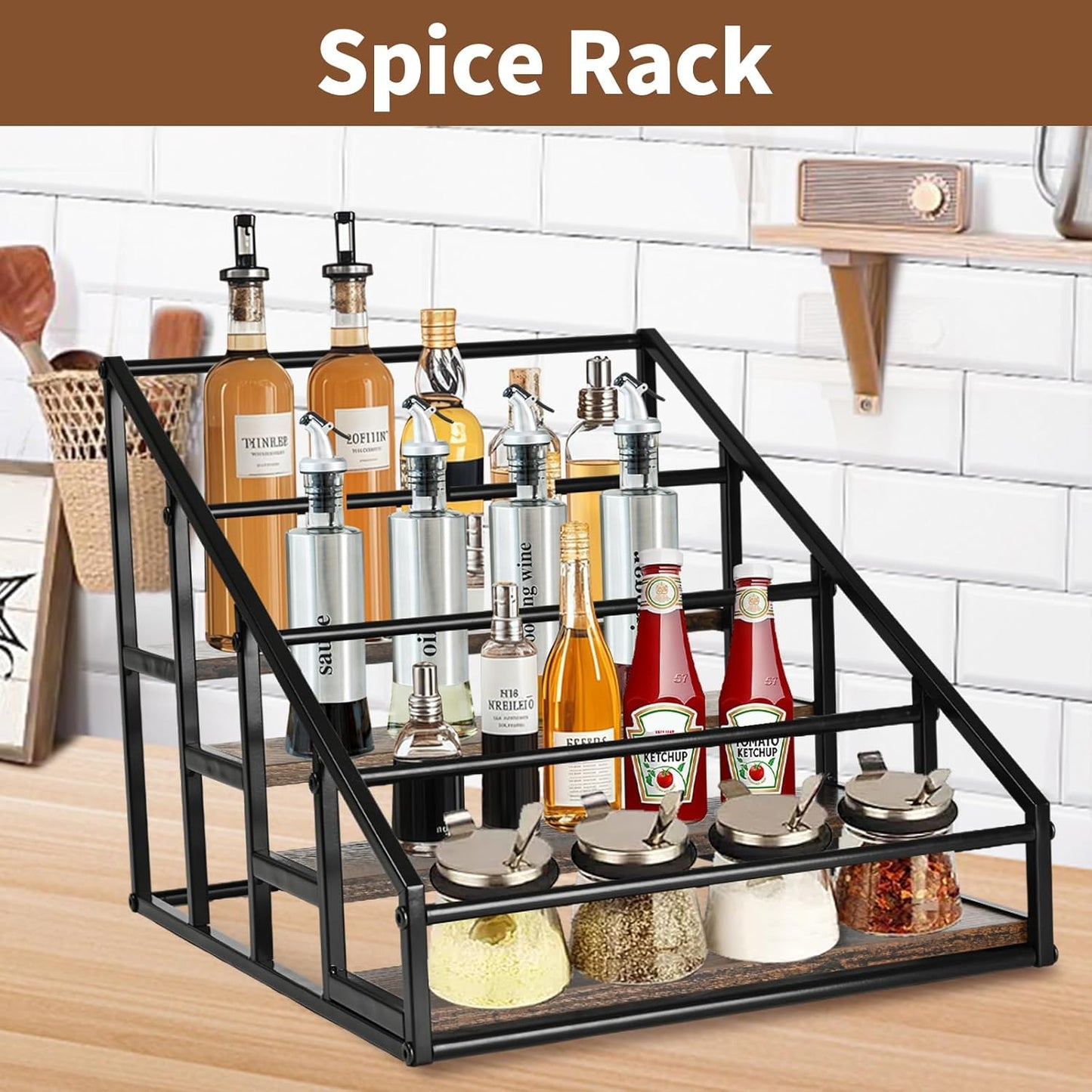 YQBRAO Coffee Syrup Rack Organizer,Liquor Bottle Display Shelf,2-Tier 4 Bottle Stand for Coffee Bar, Kitchen Station, Liquor, Wine, Dressing,Rustic Brown