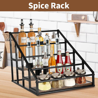 YQBRAO Coffee Syrup Rack Organizer,Liquor Bottle Display Shelf,2-Tier 4 Bottle Stand for Coffee Bar, Kitchen Station, Liquor, Wine, Dressing,Rustic Brown