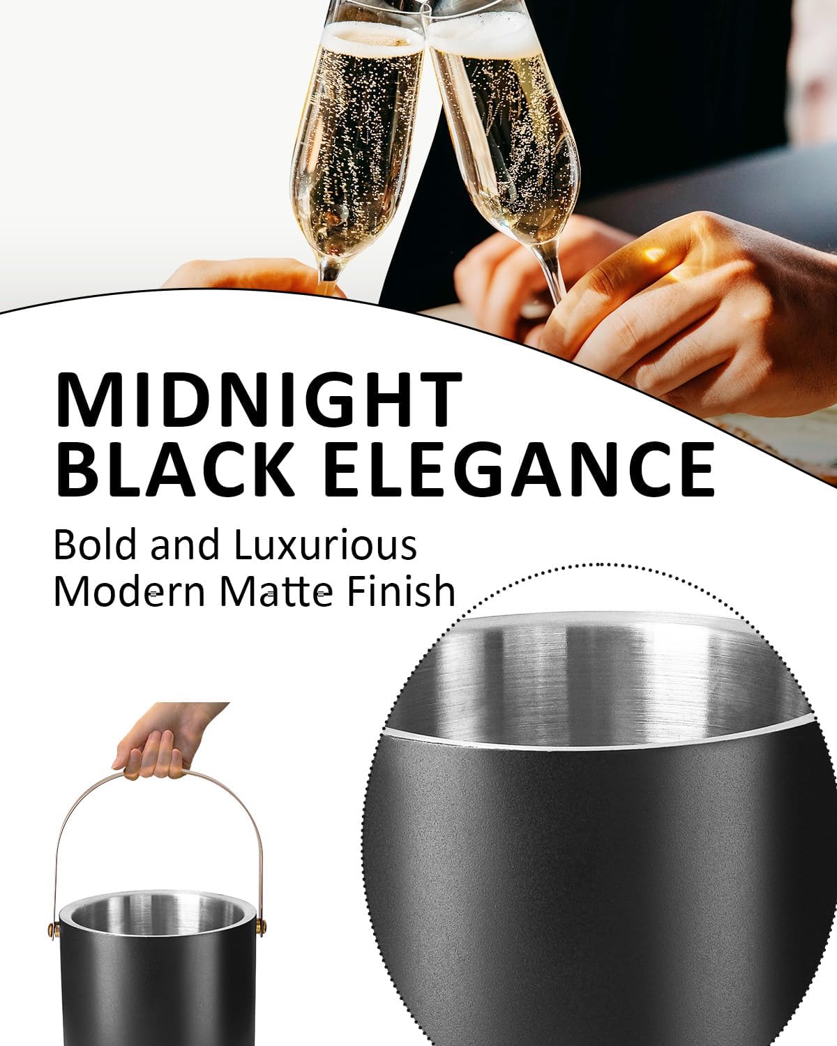 Bakpoco Insulated Ice Bucket with Silicone Lid, Scoop, Tongs & Strainer, 3L Stainless Steel Double Wall Ice Buckets for Parties & Cocktail Bar, Champagne Ice Bucket with Lid for Freezer, Ivory