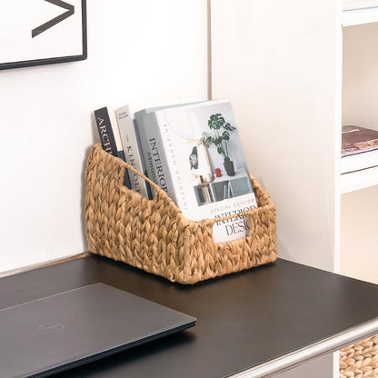 KOKODO 2-Pack Open Front Pantry Baskets, Handwoven Water Hyacinth Wicker Storage Baskets with Built-in Handles, Organizing Bins for Shelves