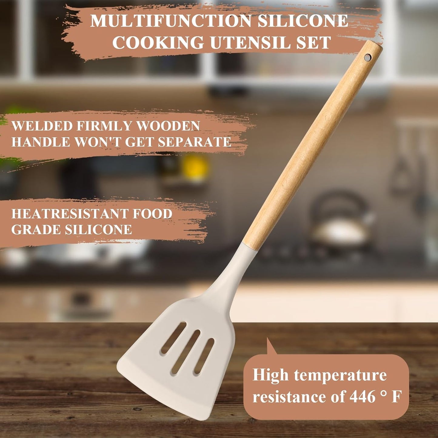 HaWare Silicone Cooking Utensils Set, 10-Piece Chef Kitchen Non-Stick Cookware with Wooden Handle, 450°F Heat Resistant - Khaki