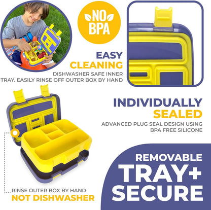 Kinsho Bento Lunch Box for Kids Toddlers, 5 Portion Control Sections, BPA Free Removable Plastic Tray, Pre-School Kid Toddler Daycare Lunches, Snack Container Ages 3 to 7 (Blue Space Rockets)