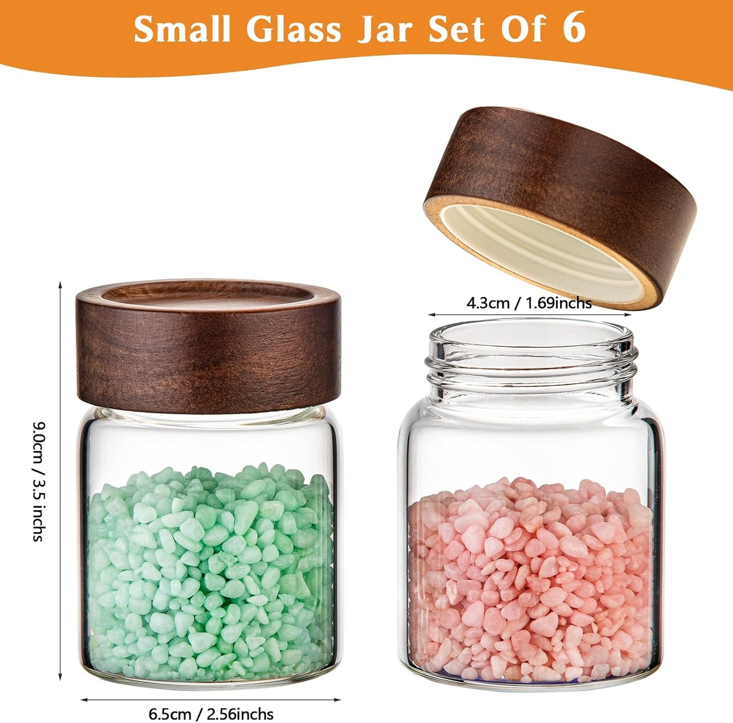 6 pc Glass Spice jars Glass Jars with Screw Lid 5 oz Acacia Wood Glass Herb Sugar Coffee Bean Ground Container Food Storage Canister for Candy Pantry Tea Seasoning Meal Prep Snack (6*150ml(5oz))