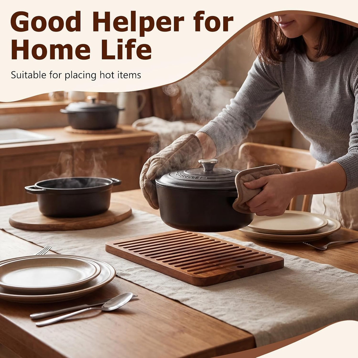 12 x 9 Inches Acacia Wood Trivet Mat Thicken Wooden Hot Pads Trivets Heat Resistant Non Slip Pads for Table Countertop Hot Dishes Holder Pot Bowl Teapot Kitchen Counter Protector