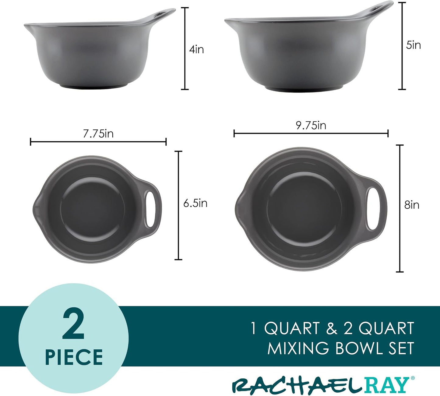 Rachael Ray Ceramics Nesting Mixing Bowl Set with Pour Spout, 1 Quart and 2 Quart, Teal