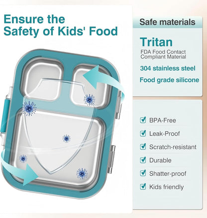 HOMEKOL Stainless Steel Bento Lunch Box, 3-Compartment Leak-Proof Lunch Container for Kids & Adults, BPA/BPS-Free 304 Metal Food Box, Dishwasher Safe, Clear Tritan Lid, Green (Not Insulated)