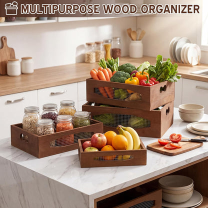 Novabright 4 Pcs Wooden Nesting Countertop Baskets 4 Size Wooden Storage Box with Handle and Metal Wire Multipurpose Wood Organizer Crate for Fruit Vegetable Kitchen Cabinet Bathroom, brown