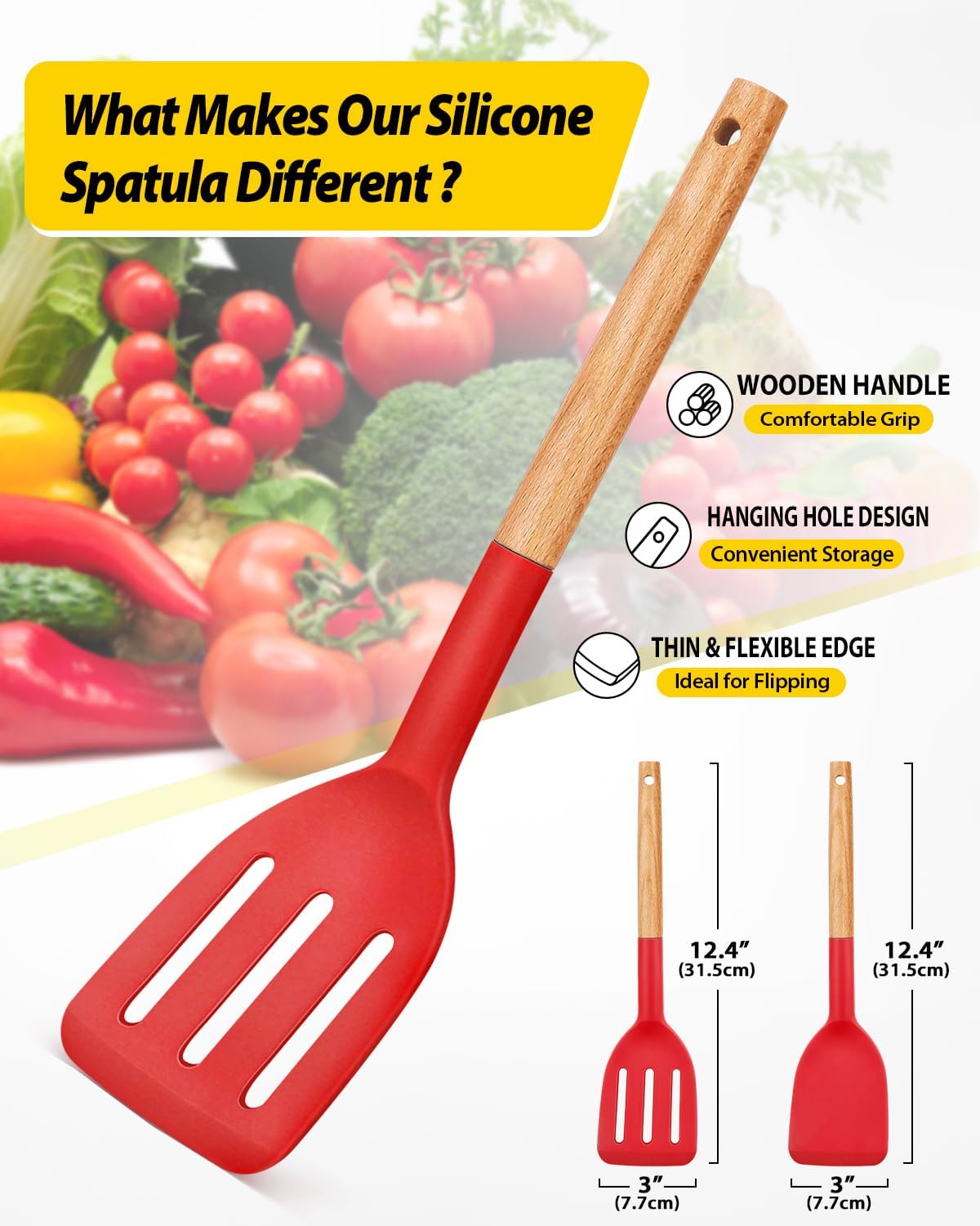 Pack of 2 Silicone Cooking Spatula, Heat Resistant Solid Turner, Non Stick Slotted Spatulas with Wooden Short Handle,Ideal Wood Kitchen Utensils Set for Frying, Baking, Flipping, Turning