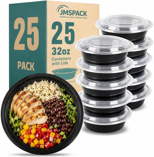 Containers Reusable 32oz - Meal Prep Bowls with Lids 25 Pack, Round Food Prep Bowls for Takeout, Disposable To Go Food Containers, Stackable, Leakproof, BPA-Free, Microwave/Freezer Safe