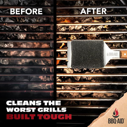 BBQ-AID Bristle Free Grill Brush and Scraper for Barbecue - Extended Large Wooden Handle with Replaceable Head - No Scratch BBQ Cleaning Accessories for Outdoor Grills