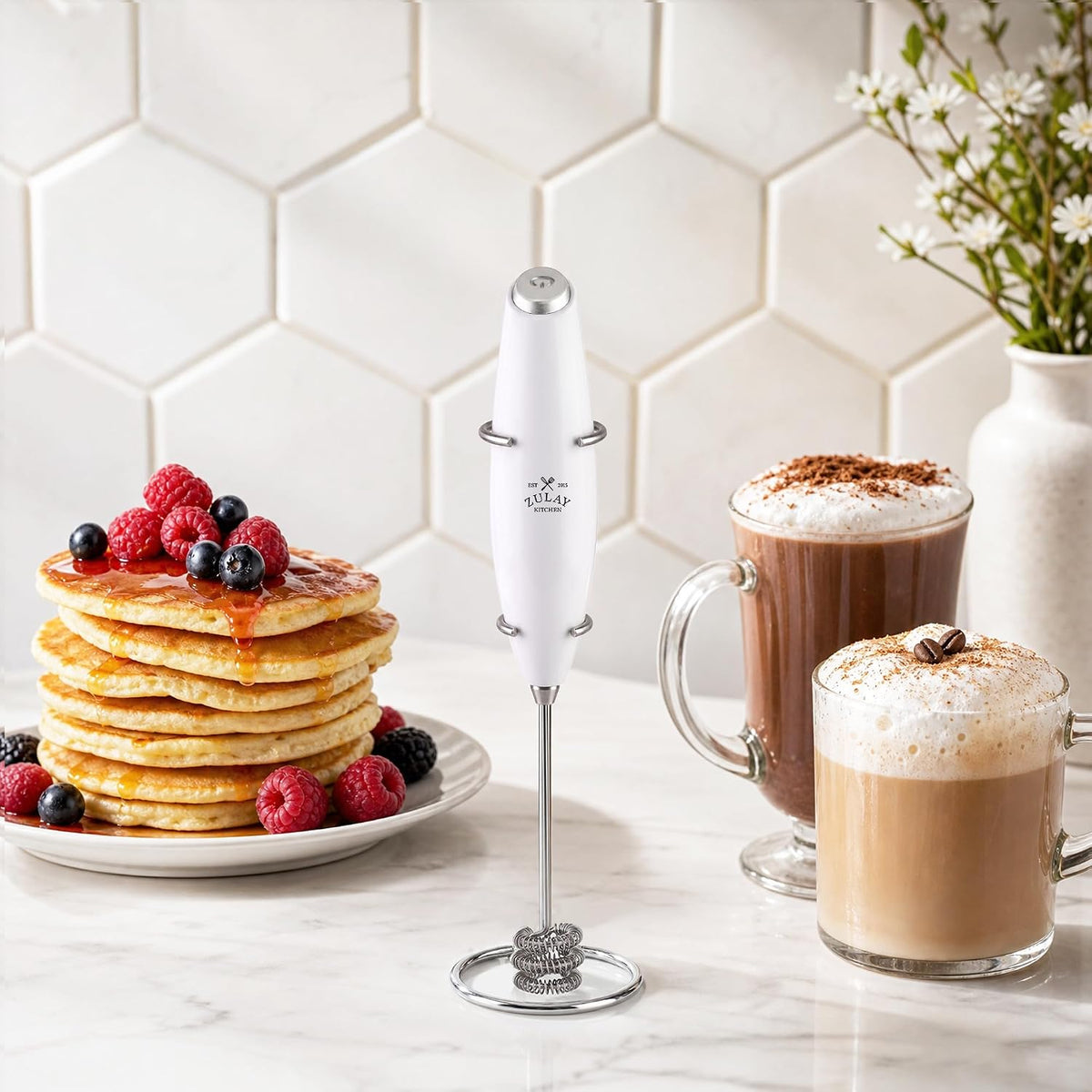 Zulay Kitchen Rechargeable Milk Frother Handheld - Frother Wand, Drink Mixer, Electric Whisk Frother, for Cappuccinos, Matcha & Protein Powder - Dynamic 3 Whisk, 3 Speed 500mAh Black - Colors D