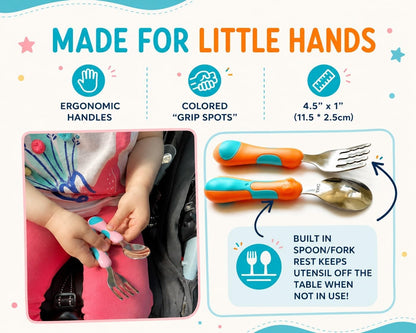 kinsho Toddler Utensils - Kids Silverware Set with Travel Case 3 pack - Stainless Steel Forks Spoons for 1 2 3 4 Years Old. Metal Lunch Box Cutlery for Children Girls, Round Handle, 6 Pieces Pink Blue