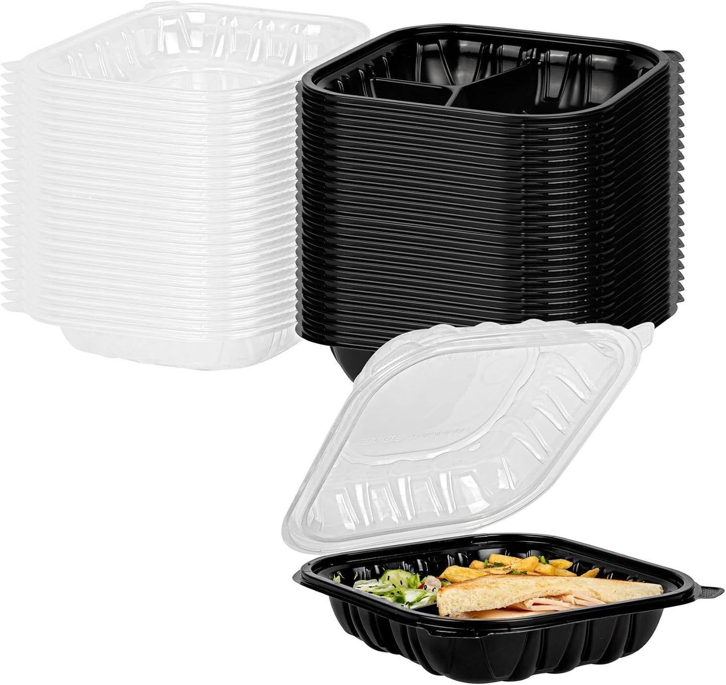 Thermo Tek 40 Ounce Clamshell Containers, 50 Disposable Take Out Boxes - 3 Compartments, Ventilated Lids, Black Plastic Meal Prep Containers, Microwavable, For Pasta Or Salads - Restaurantware