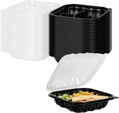 Thermo Tek 40 Ounce Clamshell Containers, 50 Disposable Take Out Boxes - 3 Compartments, Ventilated Lids, Black Plastic Meal Prep Containers, Microwavable, For Pasta Or Salads - Restaurantware