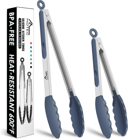 HOTEC Premium Stainless Steel Locking Kitchen Tongs with Silicon Tips, Set of 2-9" and 12"