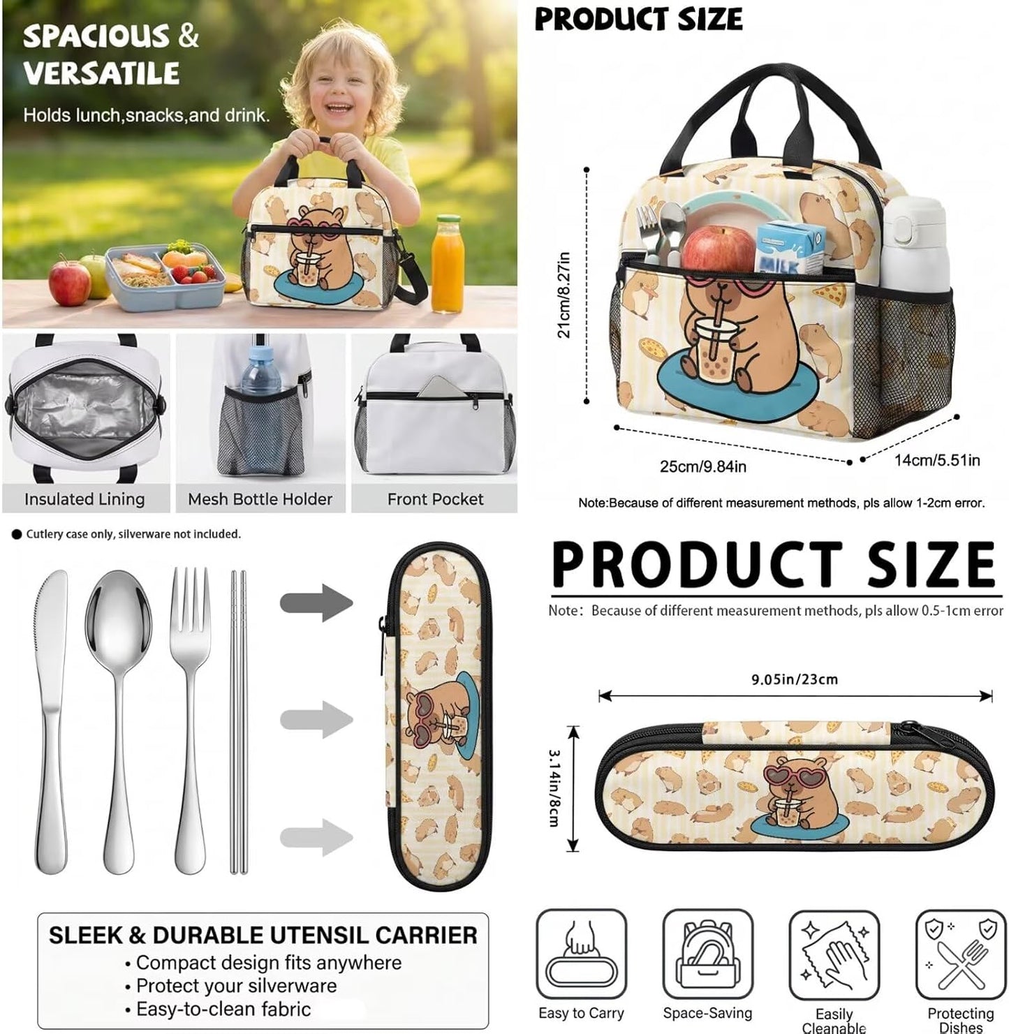 Cute Capybara Pizza Backpack for Girls, 5 Pcs Boys School Bag Set for Kids, 17 Inch Backpacks Lunch Pencil Box Reusable Utensils Case Set for Middle Elementary School, 3rd Grade Backpack