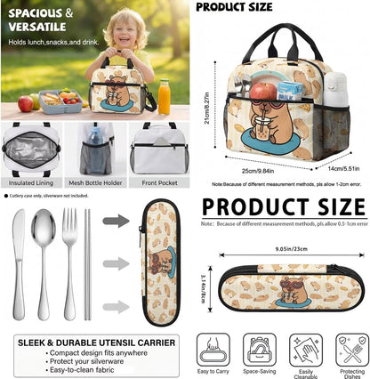 Cute Capybara Pizza Backpack for Girls, 5 Pcs Boys School Bag Set for Kids, 17 Inch Backpacks Lunch Pencil Box Reusable Utensils Case Set for Middle Elementary School, 3rd Grade Backpack
