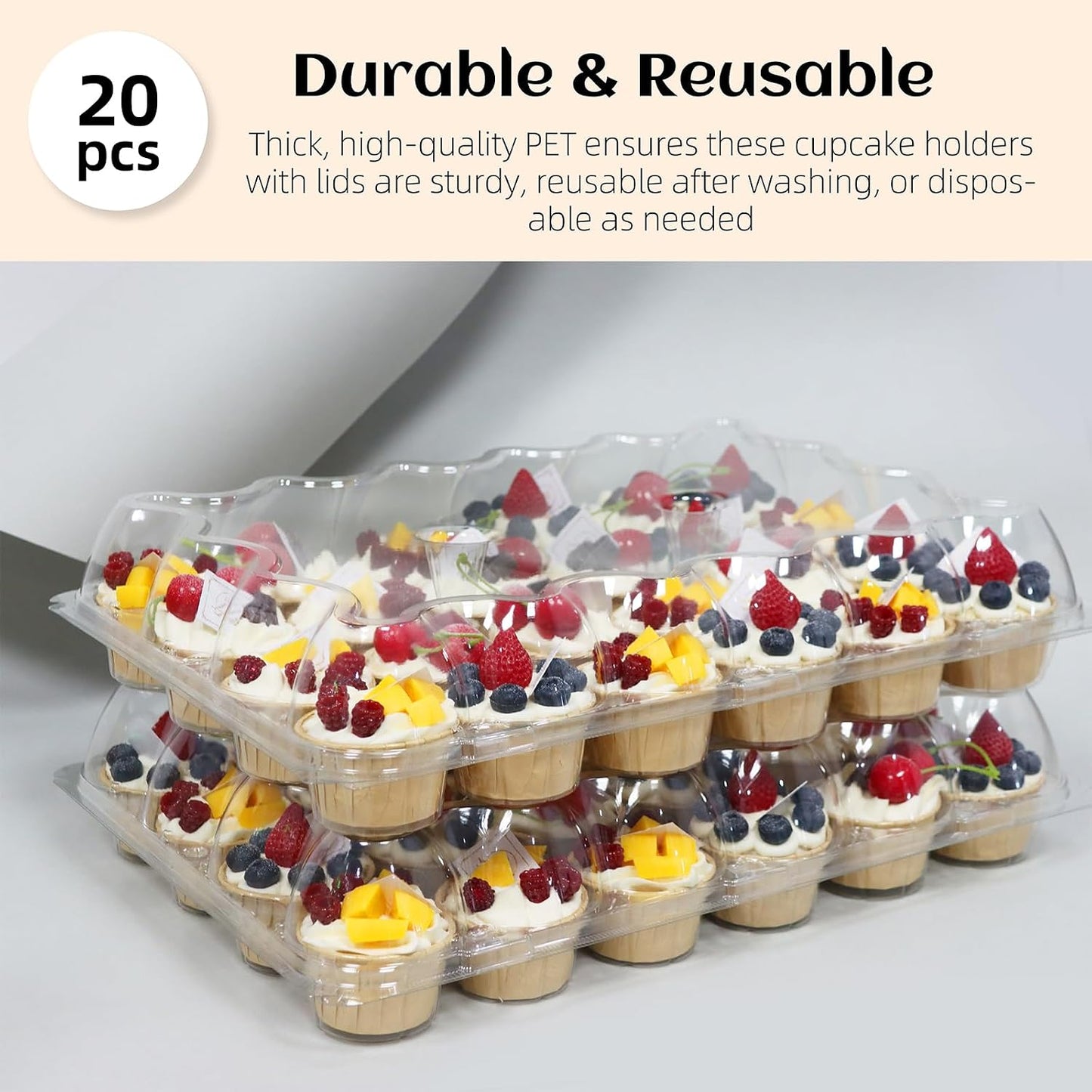 WIKDAY 24 Count x 10 Sets Plastic Cupcake Containers, Durable and BPA-Free Cupcake Holder with Lid for Easy Transport Storage, Stackable Clear Cupcake Carriers, Reusable Dessert Boxes