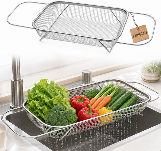 Stainless Steel Expandable Over-The-Sink Colander Basket Mesh Strainer