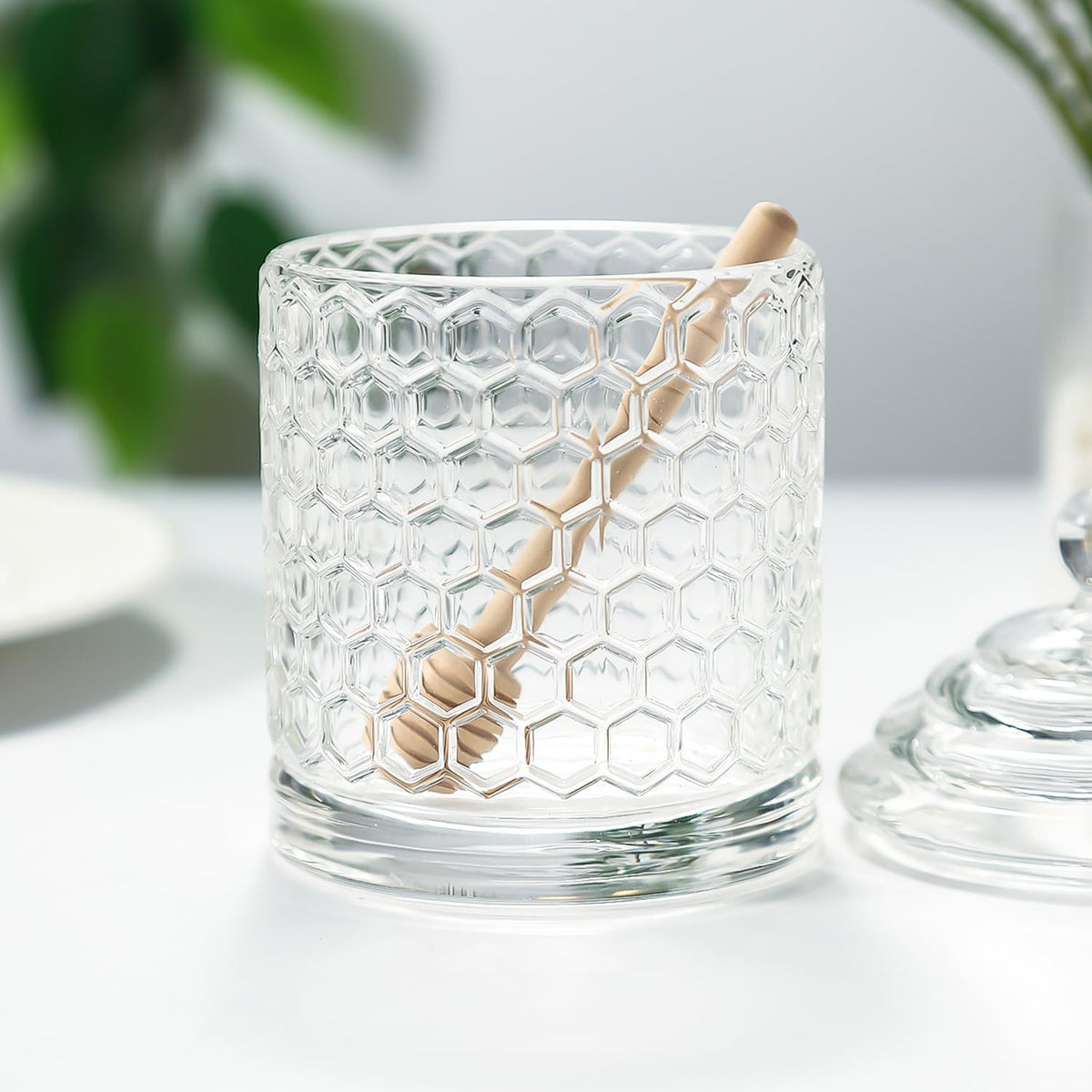 Honey Jars,9 oz Clear Glass Honey Pot Set with Dipper and Lid - Glass Honey Dispenser,Syrup Jar,Containers for Kitchen - Honeypot with Dipper Sticks - Honey Containers (Hexagon)