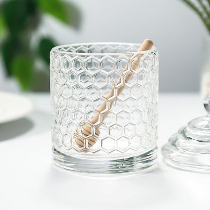 Honey Jars,9 oz Clear Glass Honey Pot Set with Dipper and Lid - Glass Honey Dispenser,Syrup Jar,Containers for Kitchen - Honeypot with Dipper Sticks - Honey Containers (Hexagon)