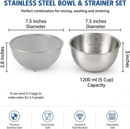 304 Stainless Steel Colander Set, 1.5QT Colander with Bowl, 30-Mesh Micro Perforated Strainer for Rice, Quinoa, Pasta, Fruits & Vegetables,2 pack