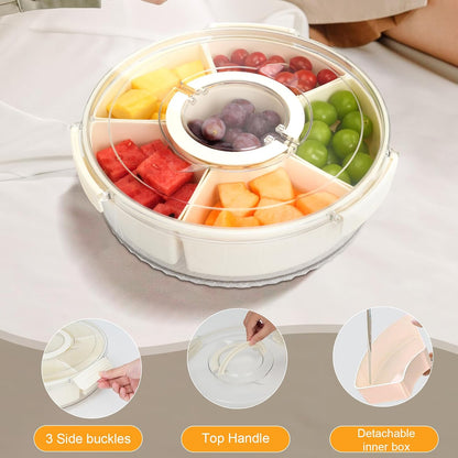 Dayacoco Rotating Divided Serving Tray with Lid and Handle, Snack Tray with Lid for Fruits Snacks Veggie Charcuterie Cheese – Portable for Picnic Travel Party Camping(1PCS, 9" L)