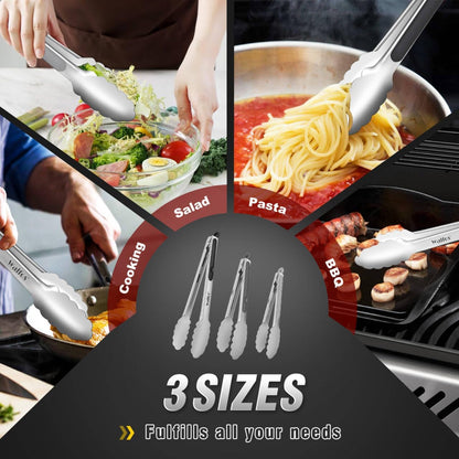 Walfos Kitchen Tongs for Cooking, 600℉ Heat Resistant Stainless Steel Tongs, All Metal Heavy Duty Tongs For Food ,BBQ Grilling - 7 ，9 and 12 Inch ,Set of 3