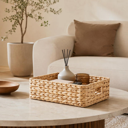 YAHUAN Pantry Basket, Water Hyacinth Storage Basket with Handles Shallow Basket for Organizing, Shelves, Pantry Organizers and Storage, 15.35"L x 11.8"W x 4.72"H (Brown)