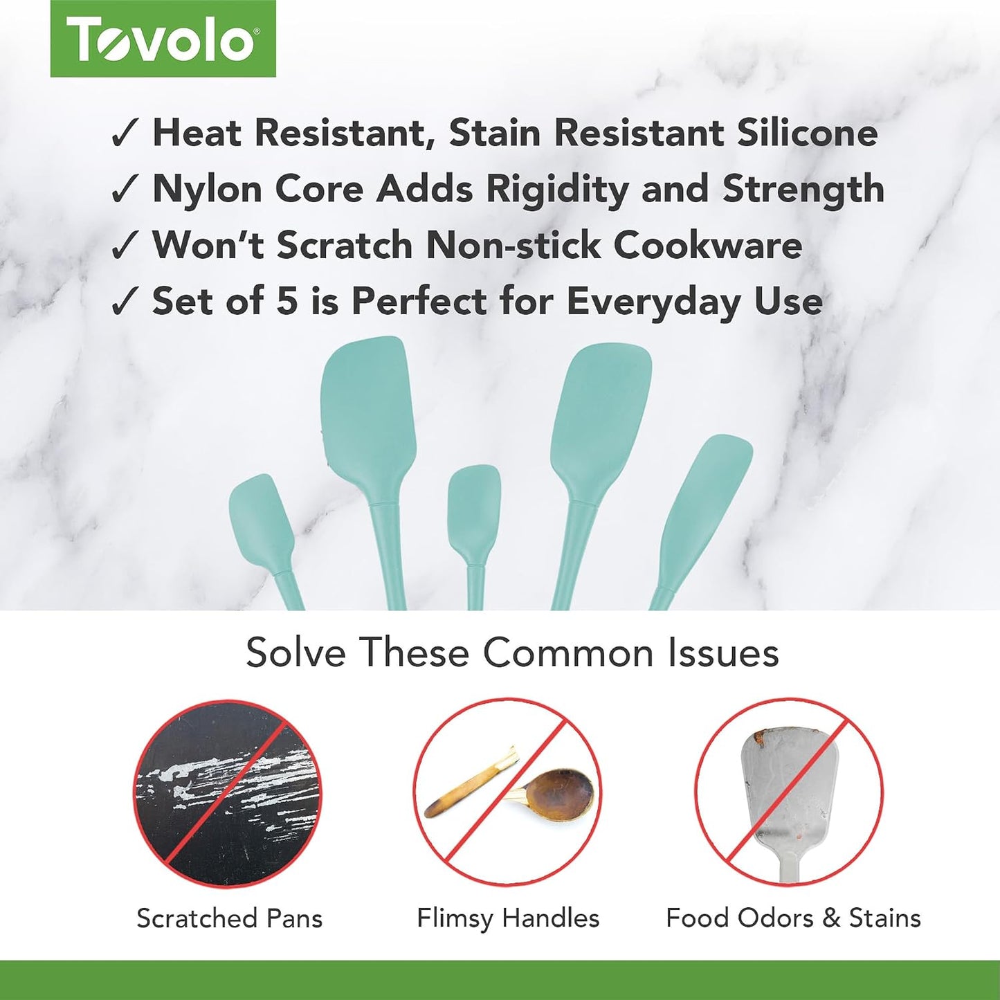 Tovolo Flex Core 5 Piece Silicone Spatula Set Heat Resistant All Silicone Utensils Include Non Stick Spatula Spoonula Jar Scraper, Dishwasher Safe BPA Free Spatulas for Baking Mixing, White