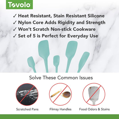 Tovolo Flex Core 5 Piece Silicone Spatula Set Heat Resistant All Silicone Utensils Include Non Stick Spatula Spoonula Jar Scraper, Dishwasher Safe BPA Free Spatulas for Baking Mixing, White