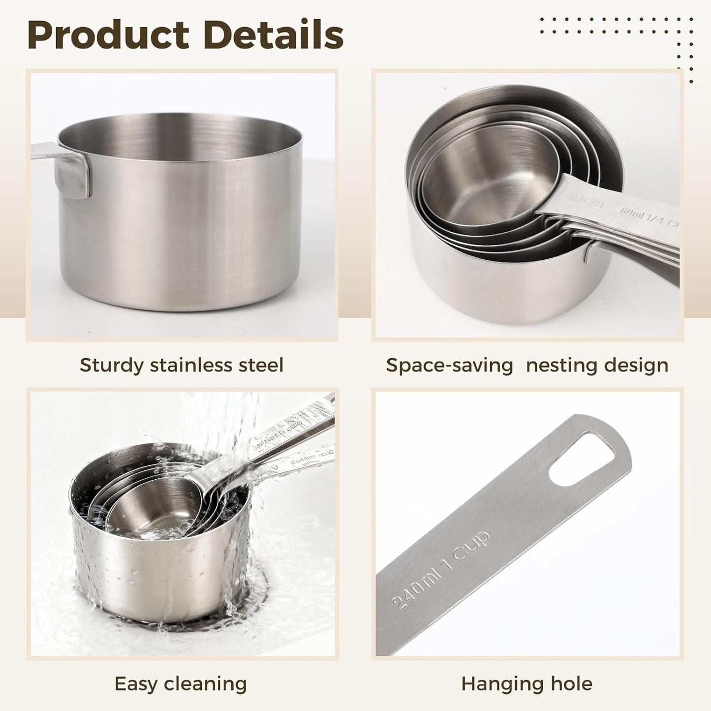 5 Pcs Stainless Steel Measuring Cups Set - Including 1/4, 1/3, 1/2, 2/3, 1 Cup All Clad Flat Bottom Spoons, Long-Term, Easy to Clean, Nesting Design for Kitchen Baking Cooking