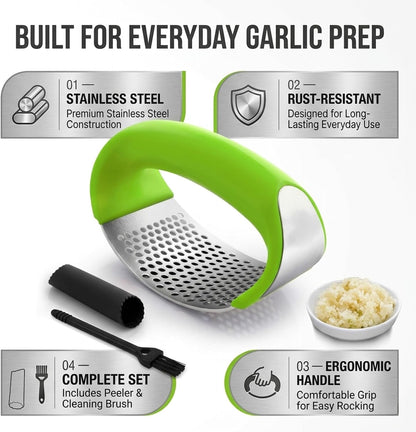 Angel's Peel Lounge Stainless Steel Garlic Press Rocker Set with Silicone Garlic Peeler & Cleaning Brush – Garlic Chopper, Mincer, Grater, Crusher – Easy for Crushed Cloves – Rust-Resistant, Black