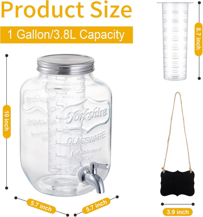 1 Gallon Glass Beverage Dispenser Set of 2 with Stand & Fruit Infuser, Stainless Steel Spigot, Beverage Dispenser for Parties, Weddings, BBQs, Lemonade, Sun Tea, Juice & Cold Drinks