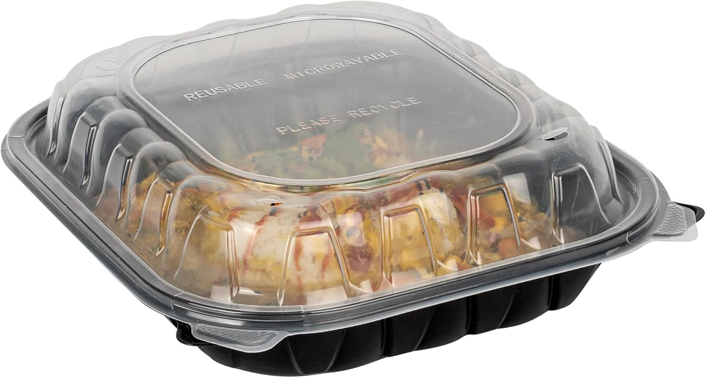 Thermo Tek 40 Ounce Clamshell Containers, 50 Disposable Take Out Boxes - 3 Compartments, Ventilated Lids, Black Plastic Meal Prep Containers, Microwavable, For Pasta Or Salads - Restaurantware