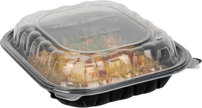 Thermo Tek 40 Ounce Clamshell Containers, 50 Disposable Take Out Boxes - 3 Compartments, Ventilated Lids, Black Plastic Meal Prep Containers, Microwavable, For Pasta Or Salads - Restaurantware