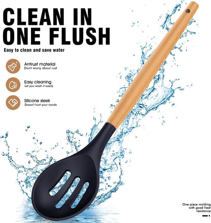 Silicone Cooking Utensils Set - AVGPD Silicone Kitchen Utensils for Cooking Wooden Handles, 446°F Heat Resistant Kitchen Utensil Spatula Sets, Gadgets for Non-Stick Cookware BPA FREE (Black)